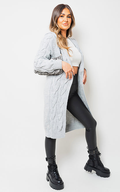 Chunky Cable Knit Hooded Longline Cardigan