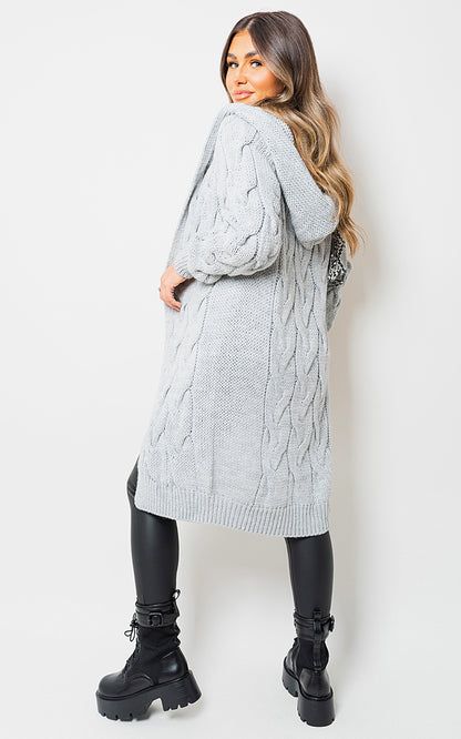 Chunky Cable Knit Hooded Longline Cardigan