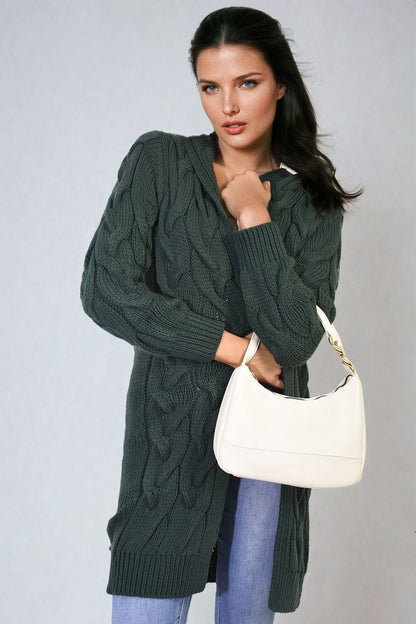 Chunky Cable Knit Hooded Longline Cardigan