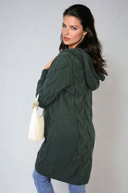 Chunky Cable Knit Hooded Longline Cardigan